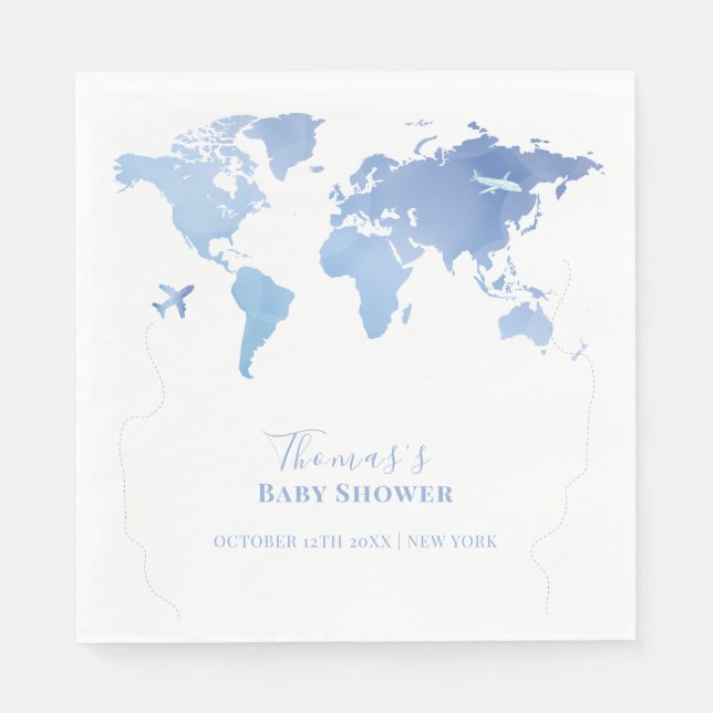 Blue World Map Travel Adventure Baby Shower  Napkin (Front)