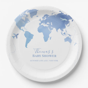 Blue World Map Travel Adventure Baby Shower  Paper Plate