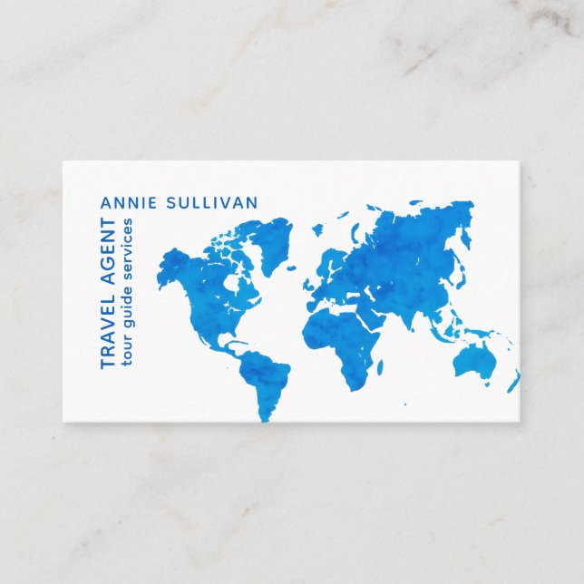 Blue World Map travel agent  Business Card (Front)