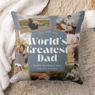 Blue World's Greatest Dad 7 Photo Collage Cushion