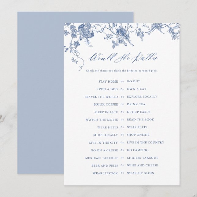 Blue Would She Rather Bridal Shower Game Cards (Front/Back)