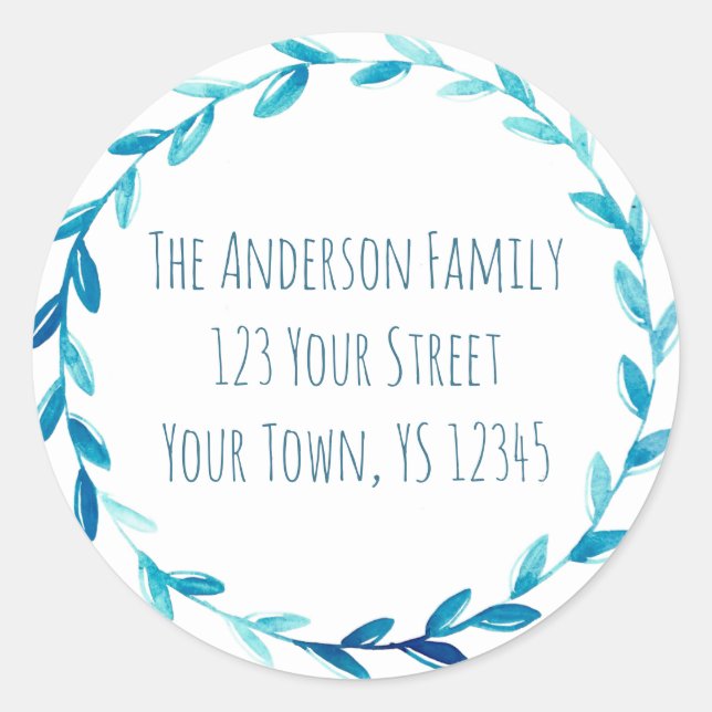 Blue Wreath Address Classic Round Sticker (Front)