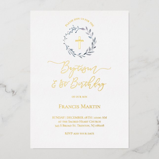 blue wreath | Baptism and 1st Birthday Invitation (Front)