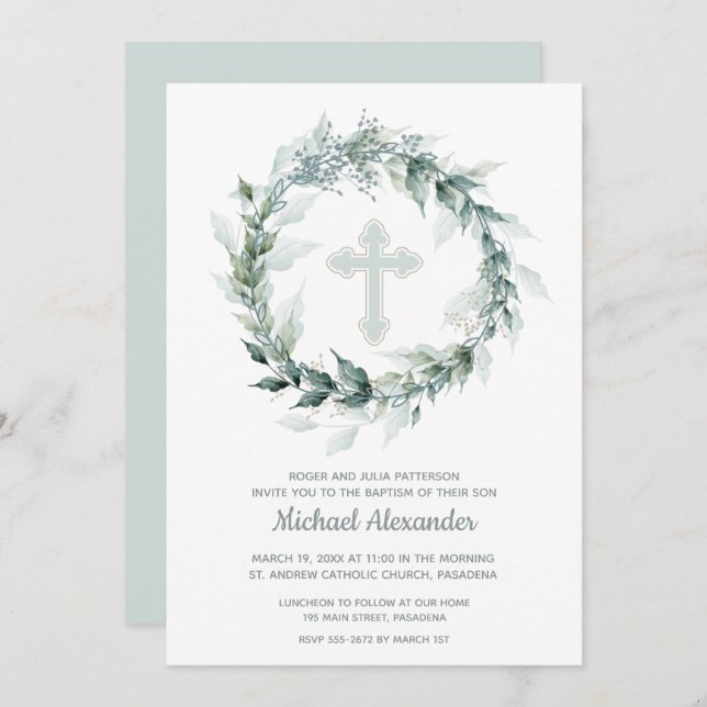 Blue Wreath Baptism Invitations (Front/Back)