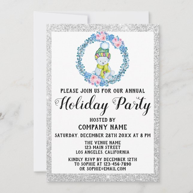 Blue Wreath Christmas Company Holiday Party Silver Invitation (Front)