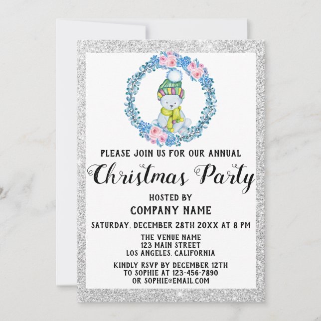 Blue Wreath Company Holiday Christmas Party Silver Invitation (Front)