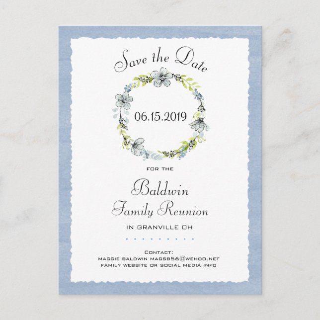 Blue Wreath Country Family Reunion Save the Date Announcement Postcard (Front)