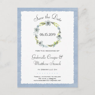 Blue Wreath Elegance Wedding Save the Date Announcement Postcard