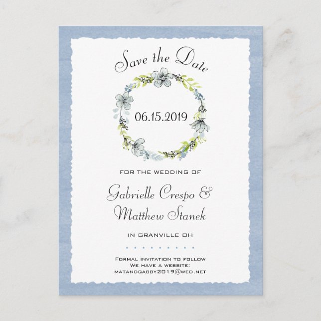 Blue Wreath Elegance Wedding Save the Date Announcement Postcard (Front)
