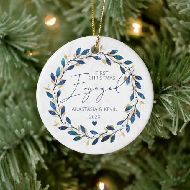 Blue Wreath First Christmas Engaged Ceramic Tree Decoration (Tree)