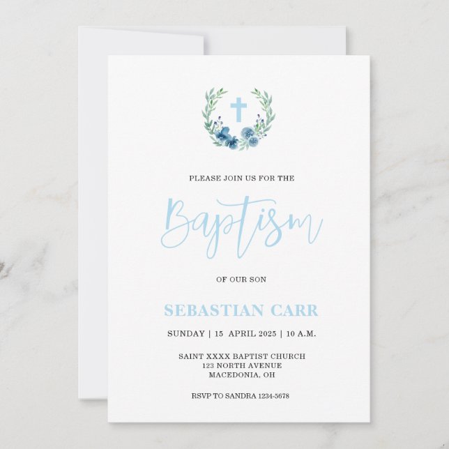 Blue Wreath Floral Boy Baptism invitation (Front)
