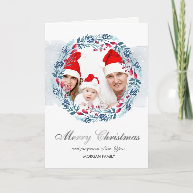 Blue Wreath Holly Berry Photo Merry Christmas Holiday Card (Front)