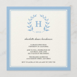 Blue wreath monogram graduation class invitation