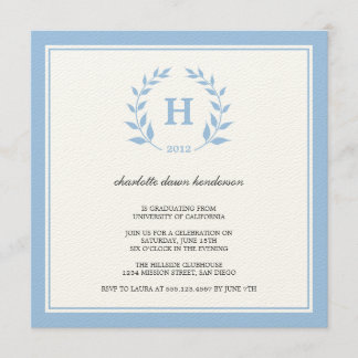 Blue wreath monogram graduation class invitation