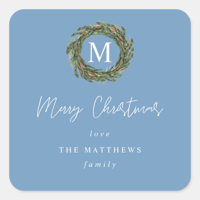 Blue Wreath Monogram Merry Christmas Gift Square Sticker (Front)