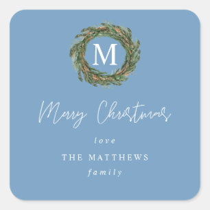 Blue Wreath Monogram Merry Christmas Gift Square Sticker