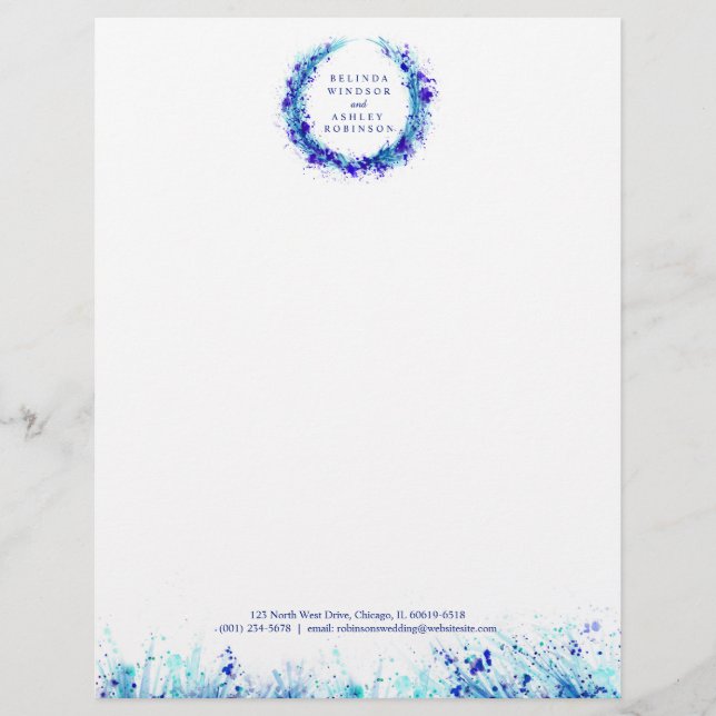 Blue wreath splash modern watercolor letterhead (Front)