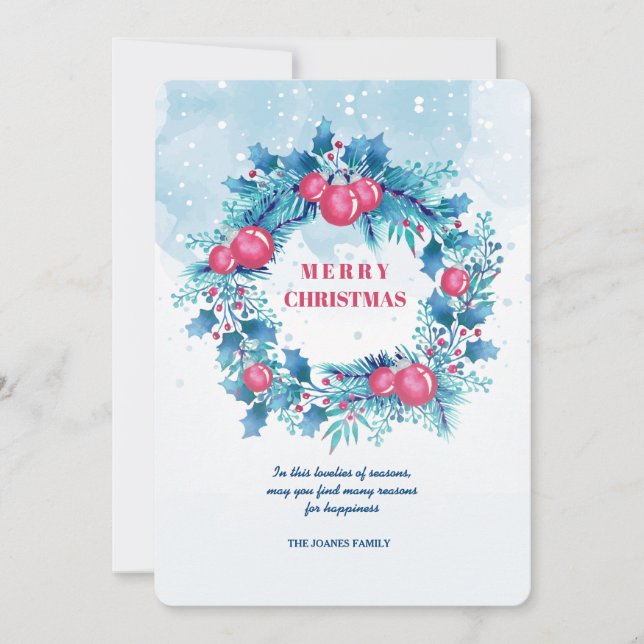 Blue Wreath with Red Balls Holiday Card (Front)