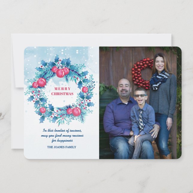 Blue Wreath with Red Balls Photo Holiday Card (Front)