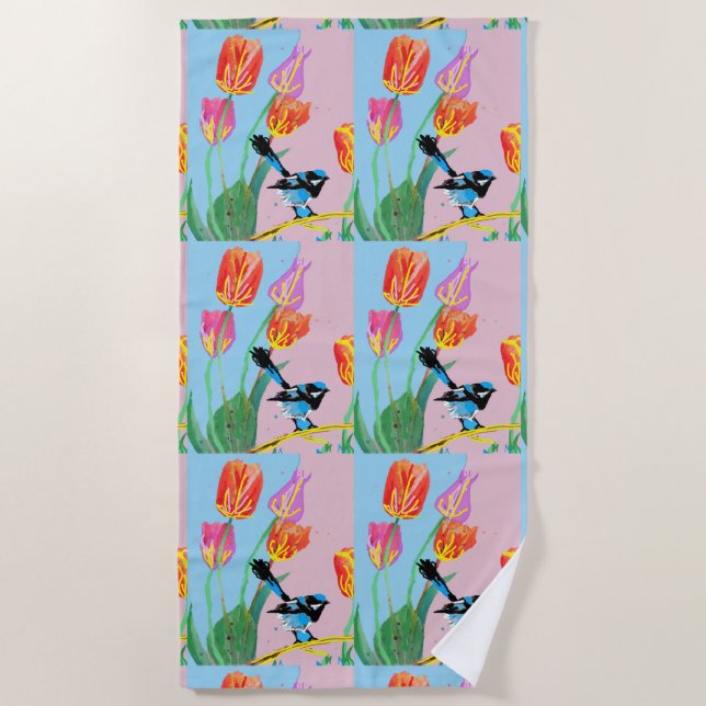 Blue Wren Bird Pink and Blue flowers Beach Towel (Front)