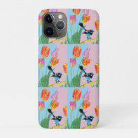 Blue Wren Bird Pink and Blue flowers 