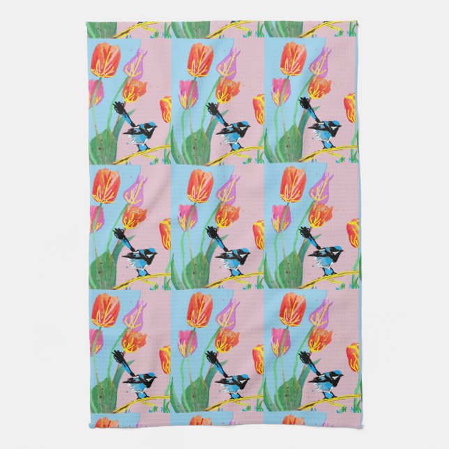 Blue Wren Bird Pink and Blue flowers  Tea Towel (Vertical)