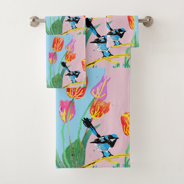 Blue Wren Bird Pink and Blue flowers Towel Set (Insitu)