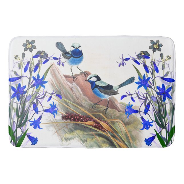 Blue Wren Bird Wildlife Animals Floral Flowers Bath Mat (Front)