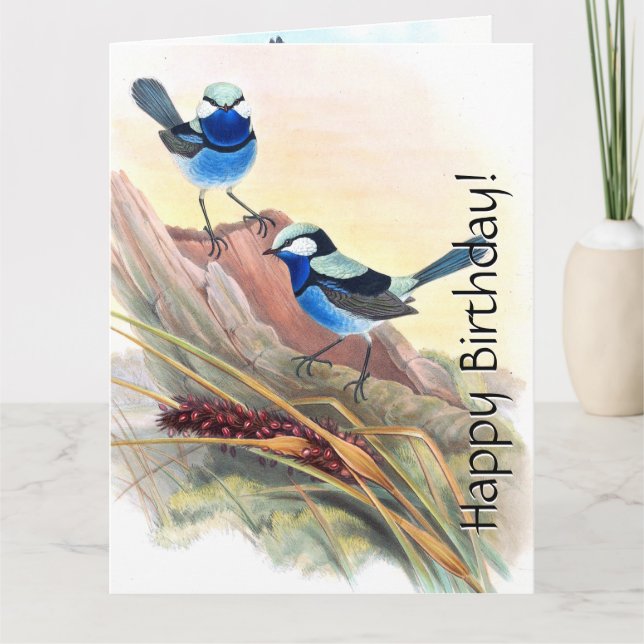Blue Wren Birds Floral Wildlife Flowers Birthday Card (Front)