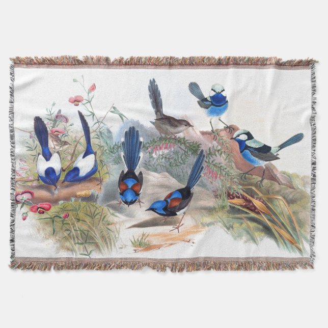 Blue Wren Birds Wildlife Flowers Australia Throw Blanket (Front)