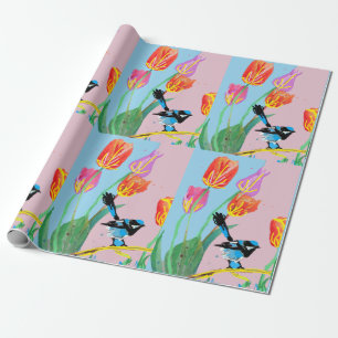 Blue Wren Tulips art flowers Watercolor Wrapping Paper