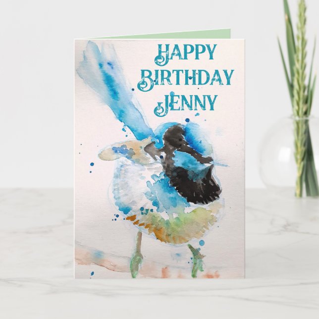 Blue Wren Watercolor Happy Birthday Wrens Aqua Card (Front)