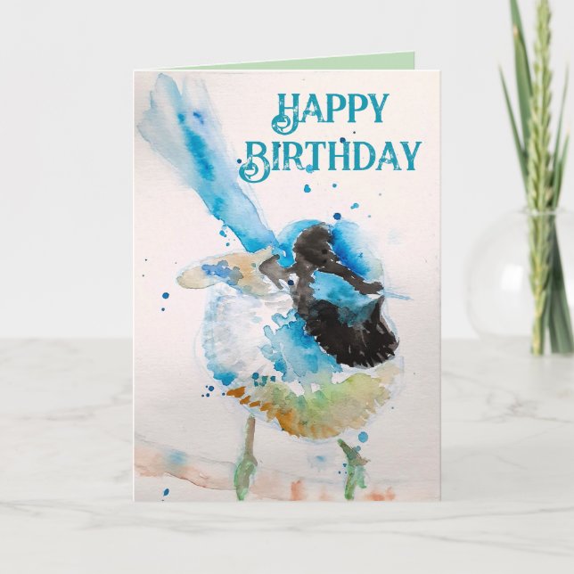 Blue Wren Watercolor Happy Birthday Wrens Aqua Card (Front)