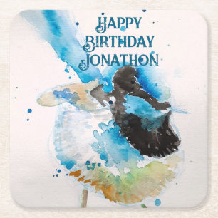 Blue Wren Watercolor Happy Birthday Wrens Aqua Square Paper Coaster