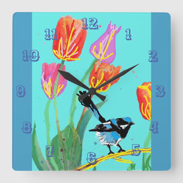  Blue Wren Watercolour Bird Childrens Room Clock (Front)