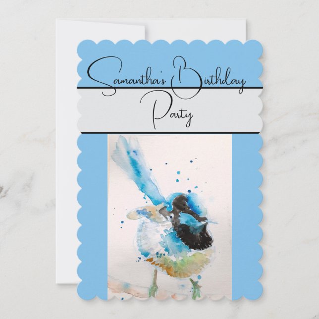 Blue Wren Watercolour Birthday Party Invitation (Front)