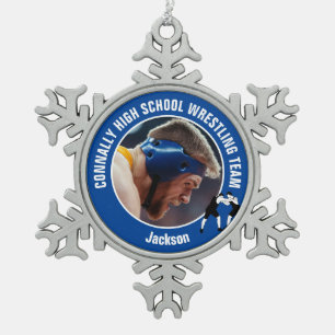 Blue Wrestling Team Photo High School Wrestler Snowflake Pewter Christmas Ornament