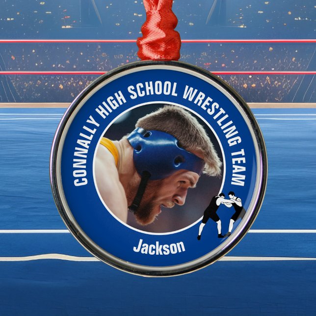 Blue Wrestling Team Photo Wrestler Christmas Metal Tree Decoration (Creator Uploaded)