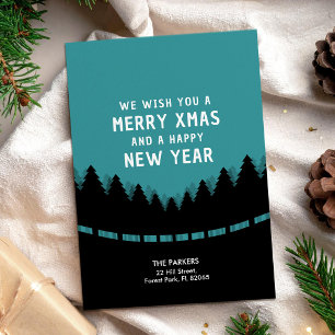 Blue Xmas card with retro pine trees