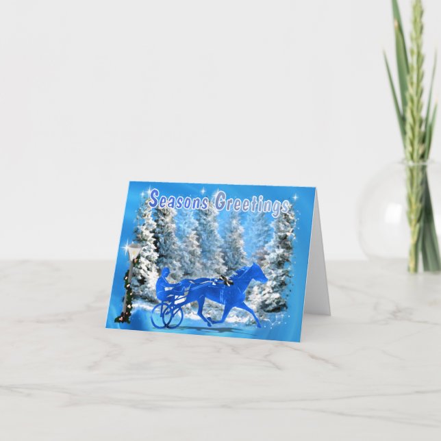 Blue Xmas Harness Horse Holiday Card (Front)