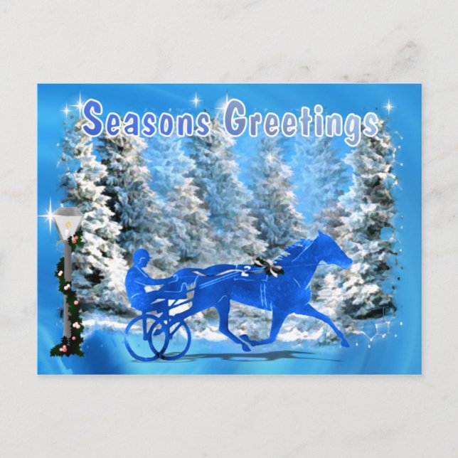 Blue Xmas Harness Horse Holiday Postcard (Front)
