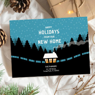 Blue Xmas Moving Announcement with little cabin