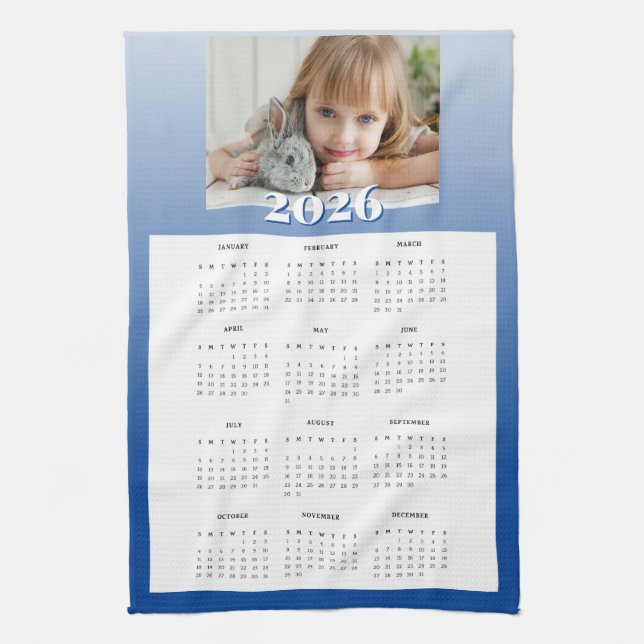 Blue Year 2026 Custom Photo Calendar Kitchen Towel (Vertical)