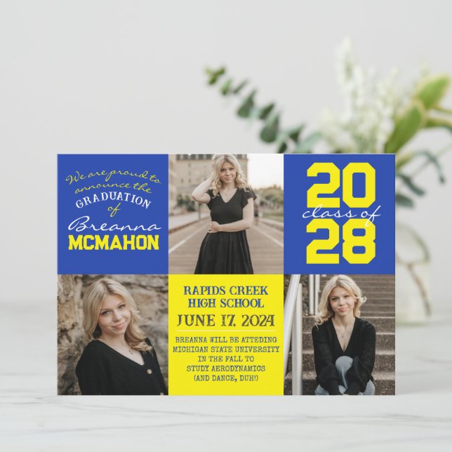 Blue & Yellow 4 Photo Graduation Announcement  (Standing Front)