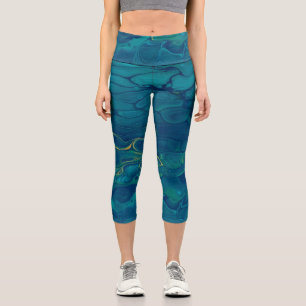 Blue & Yellow Abstract Marble Mosaic Fluid Art Capri Leggings