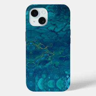Blue & Yellow Abstract Marble Mosaic Fluid Art iPhone 15 Case