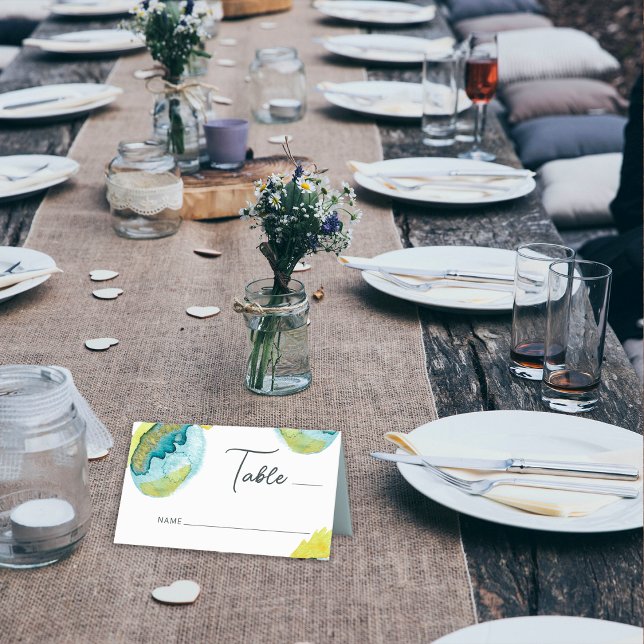 Blue Yellow Abstract Watercolor Art Unique Wedding Place Card (Creator Uploaded)