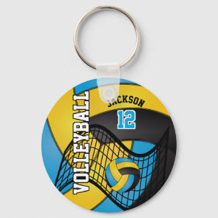 Blue, Yellow and Black Volleyball Design Key Ring