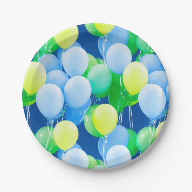 Blue, Yellow and Green Balloons - Paper Plates (Front)