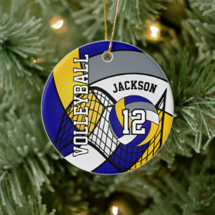 Blue, Yellow and Grey Personalise Volleyball 🏐 Ceramic Tree Decoration